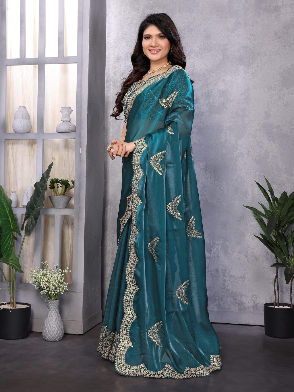 Shimmer Chiffon Embroidered Party Wear Saree - Teal Green image 2