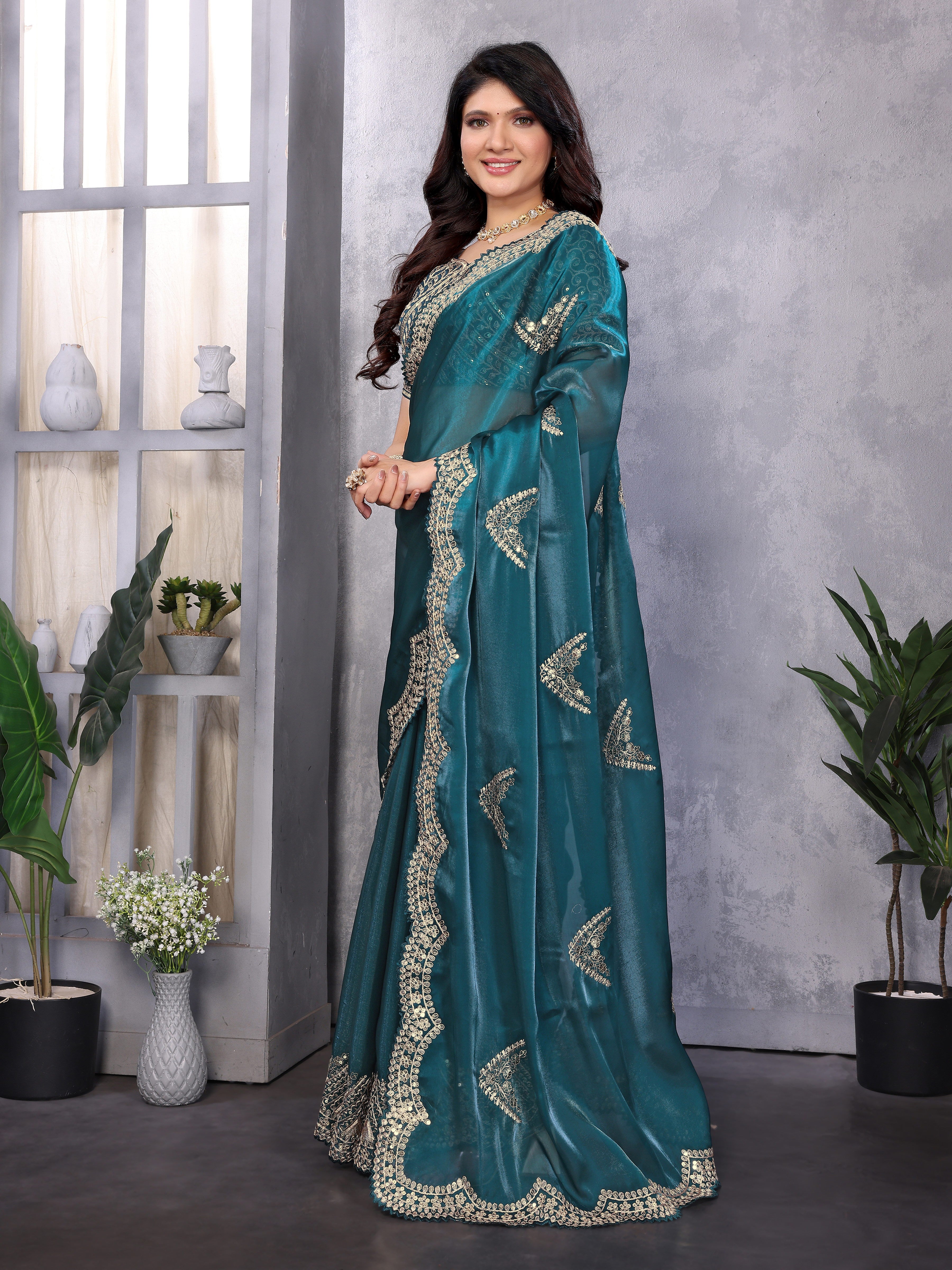Shimmer Chiffon Embroidered Party Wear Saree - Teal Green image 2