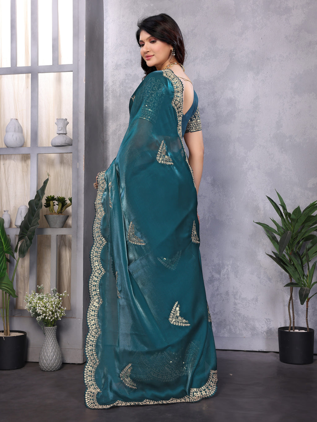 Shimmer Chiffon Embroidered Party Wear Saree - Teal Green image 3