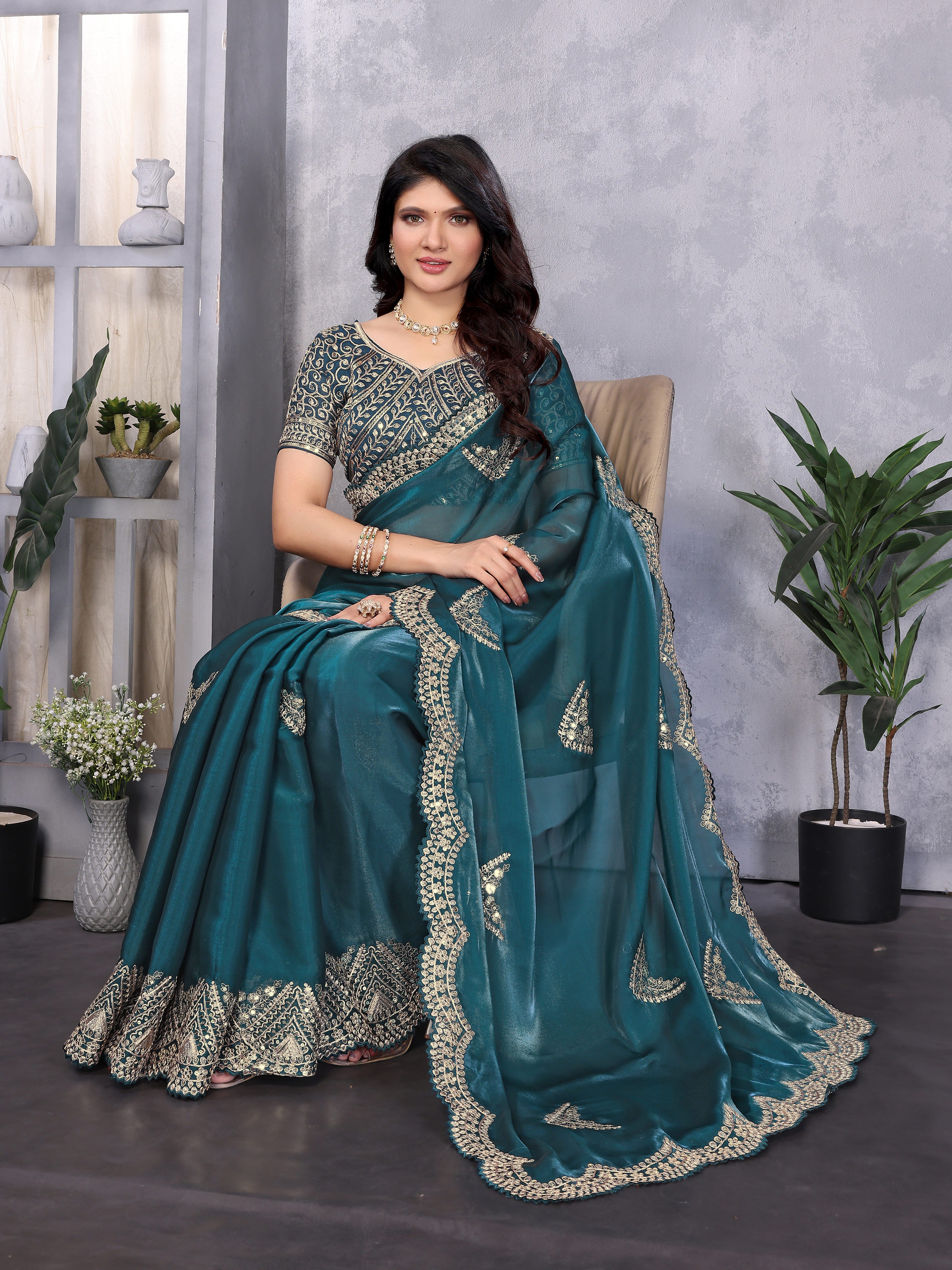 Shimmer Chiffon Embroidered Party Wear Saree - Teal Green image 4