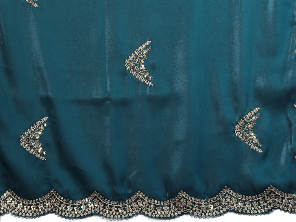 Shimmer Chiffon Embroidered Party Wear Saree - Teal Green fabric and embroidery detail