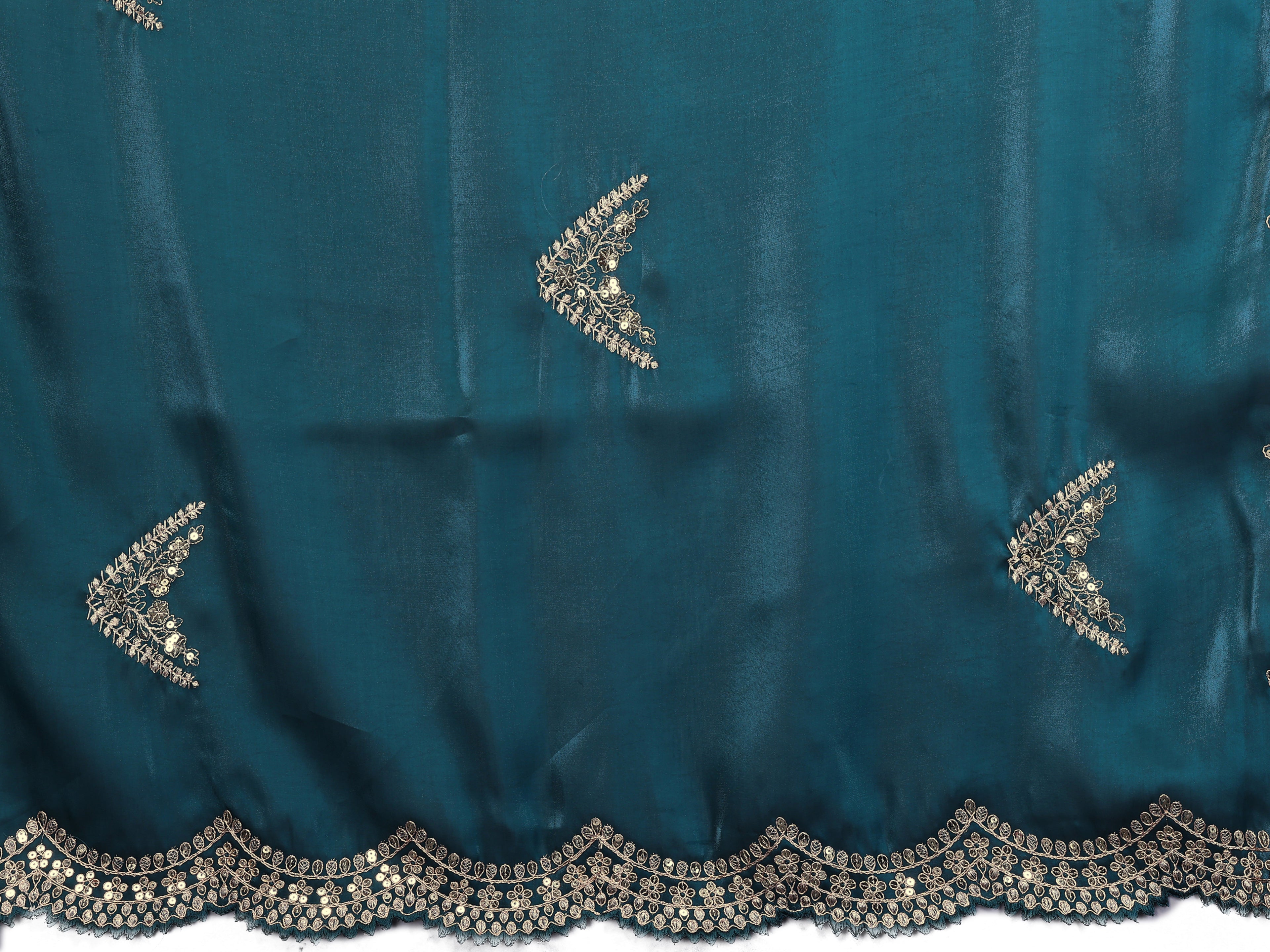 Shimmer Chiffon Embroidered Party Wear Saree - Teal Green fabric and embroidery detail