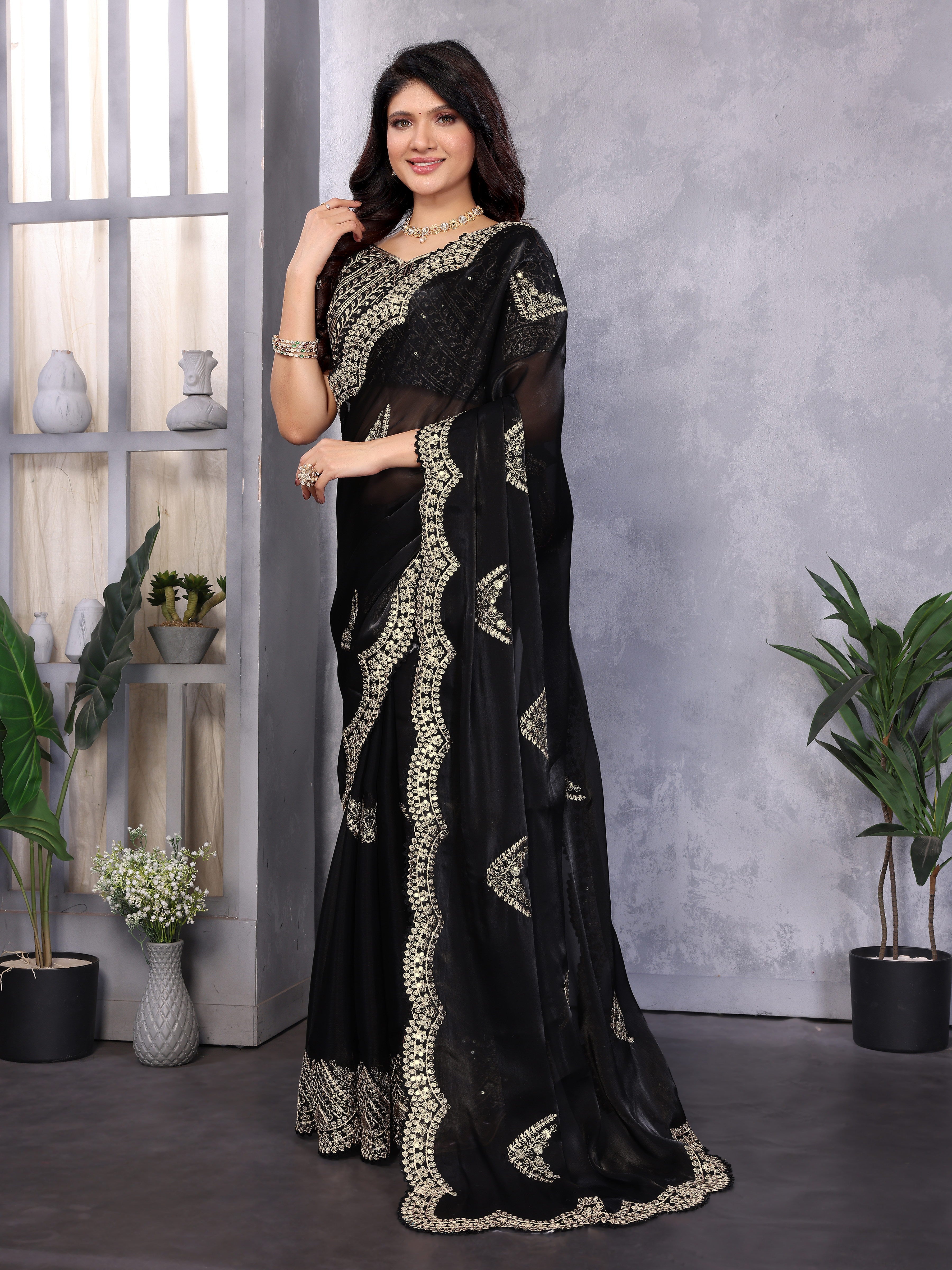 Shimmer Chiffon Embroidered Party Wear Saree - Black image 5