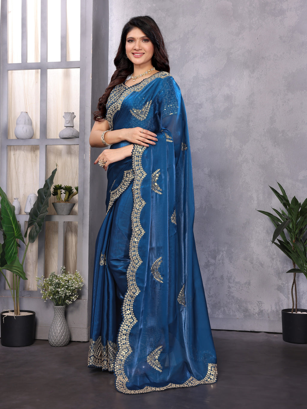 Shimmer Chiffon Embroidered Party Wear Saree - Royal Blue image 2