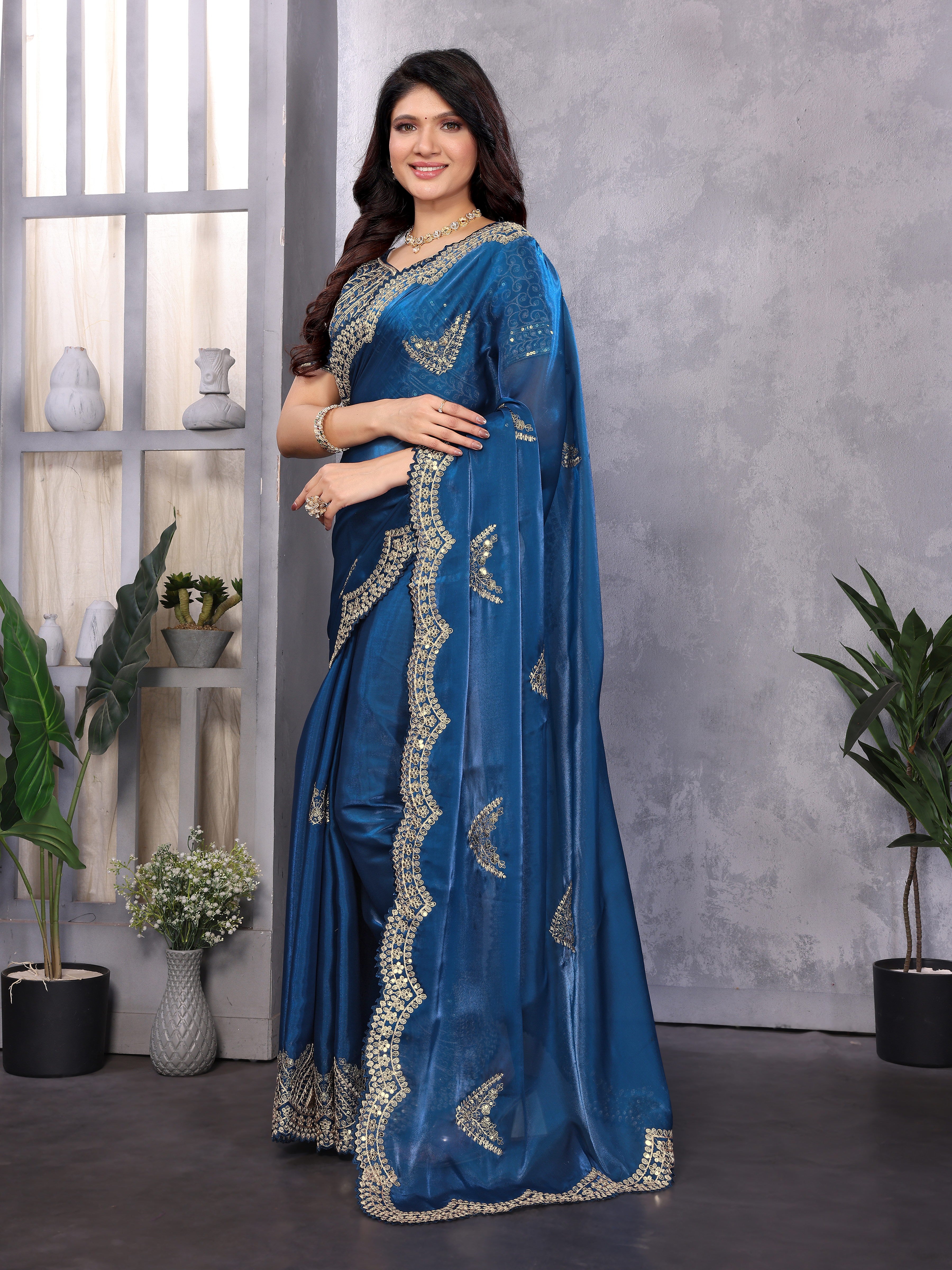 Shimmer Chiffon Embroidered Party Wear Saree - Royal Blue image 2