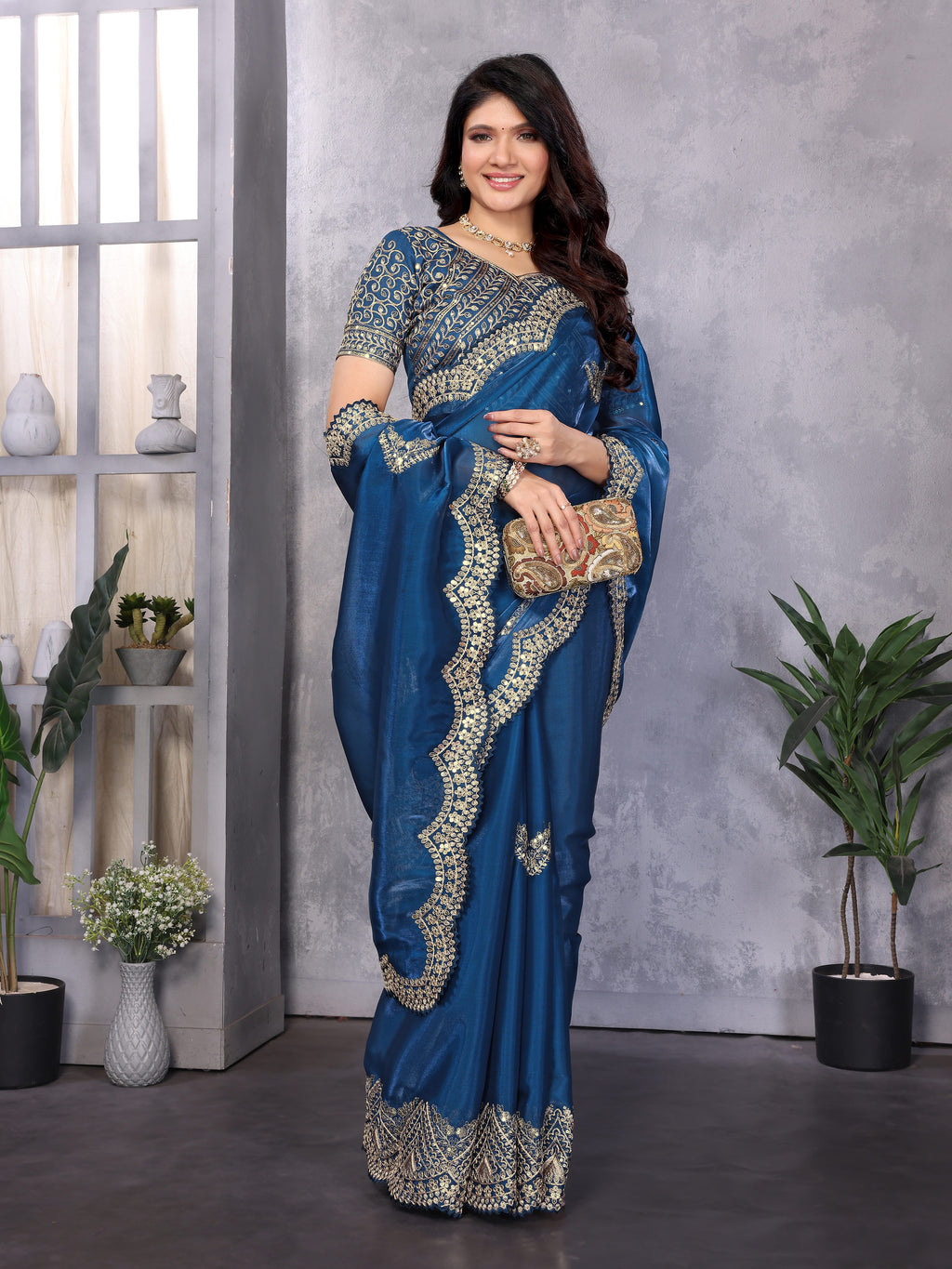 Shimmer Chiffon Embroidered Party Wear Saree - Royal Blue image 3
