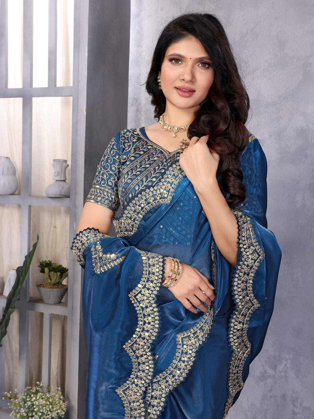 Shimmer Chiffon Embroidered Party Wear Saree - Royal Blue image 4