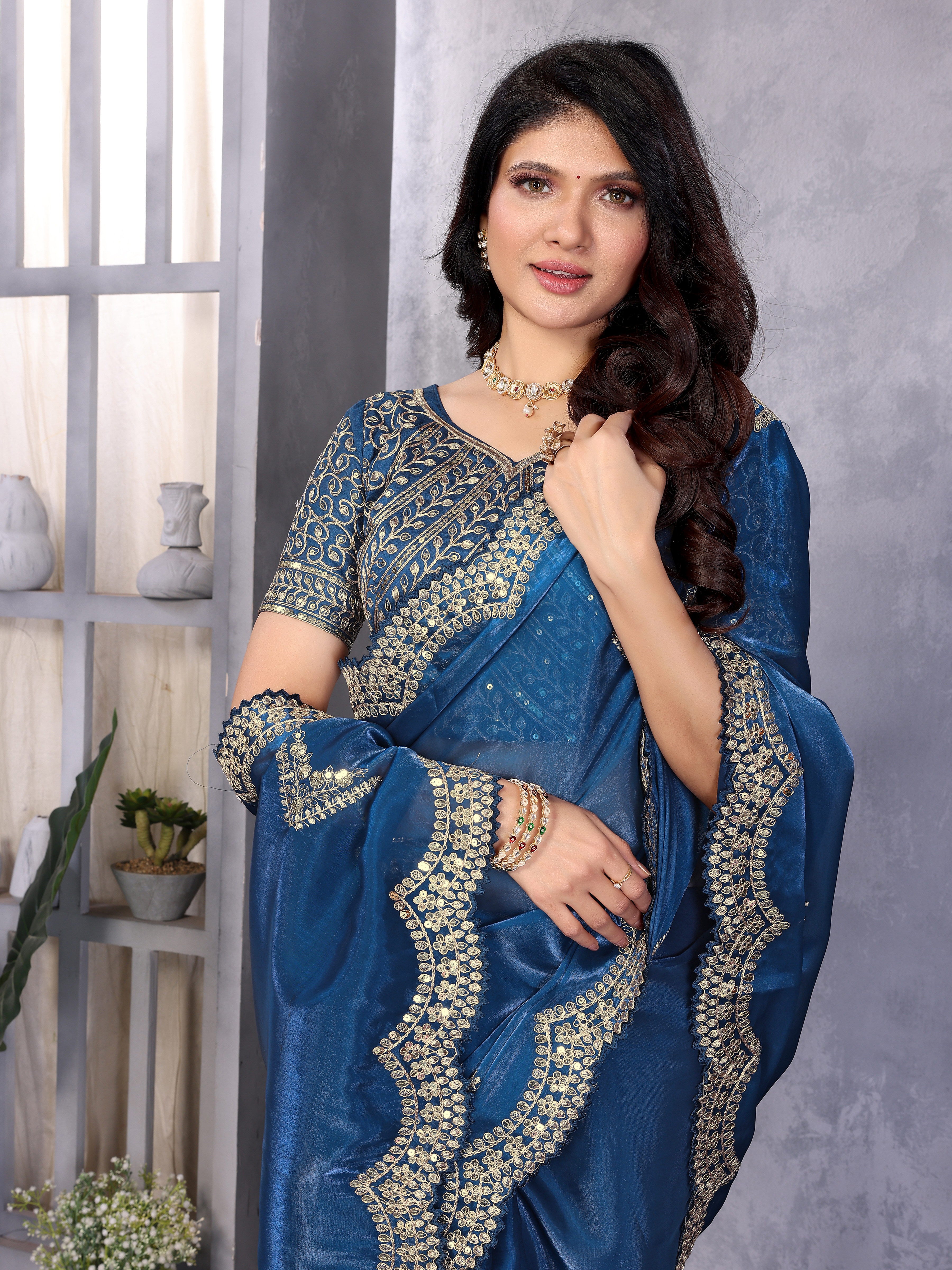 Shimmer Chiffon Embroidered Party Wear Saree - Royal Blue image 4