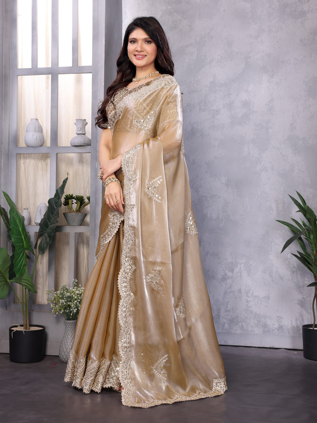 Shimmer Chiffon Embroidered Party Wear Saree - Champagne Gold image 2