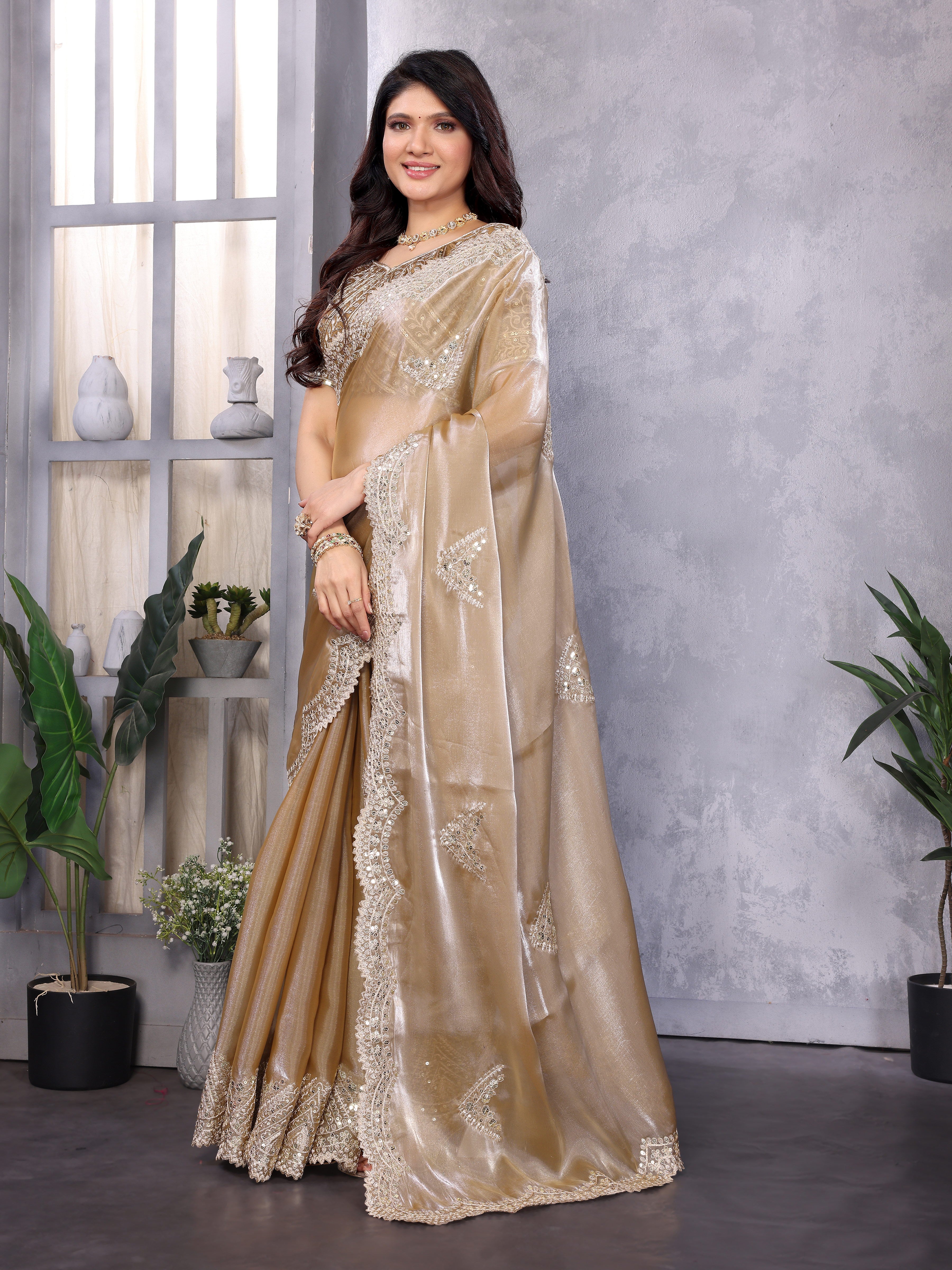 Shimmer Chiffon Embroidered Party Wear Saree - Champagne Gold image 2
