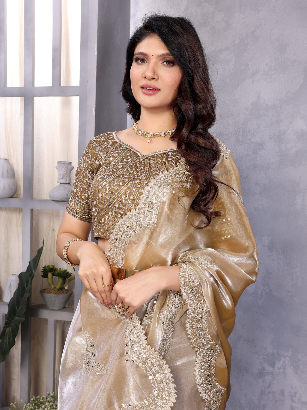 Shimmer Chiffon Embroidered Party Wear Saree - Champagne Gold image 5