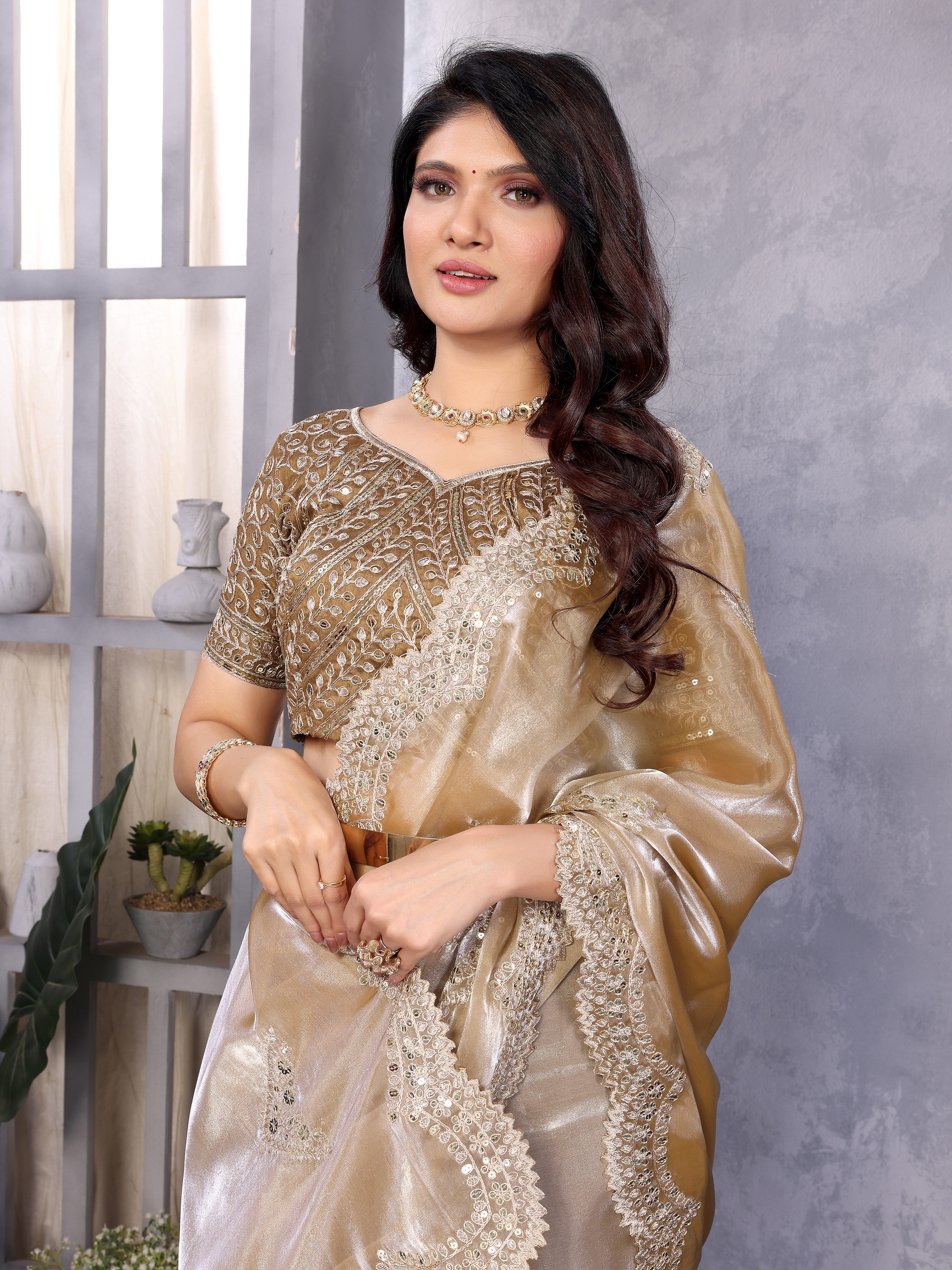 Shimmer Chiffon Embroidered Party Wear Saree - Champagne Gold image 5