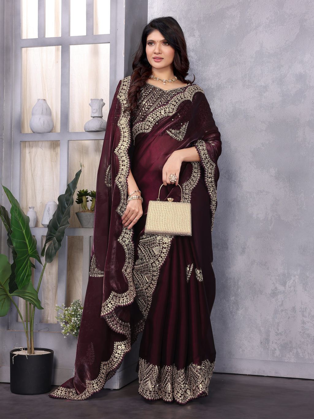 Shimmer Chiffon Embroidered Party Wear Saree - Wine Maroon image 2