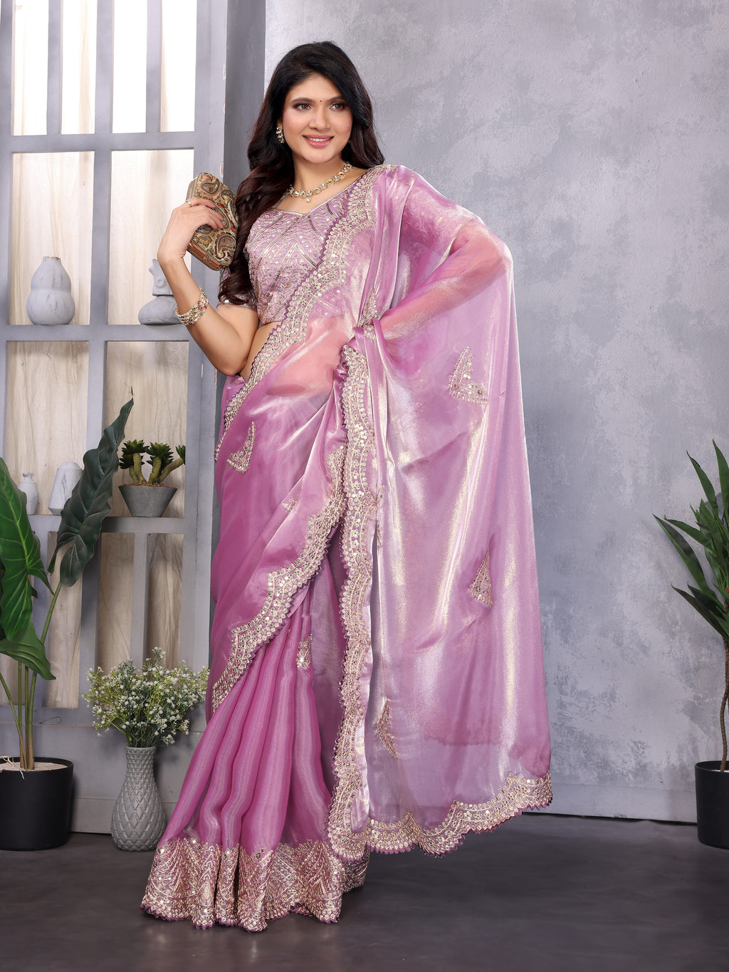 Shimmer Chiffon Embroidered Party Wear Saree - Mauve Pink image 4