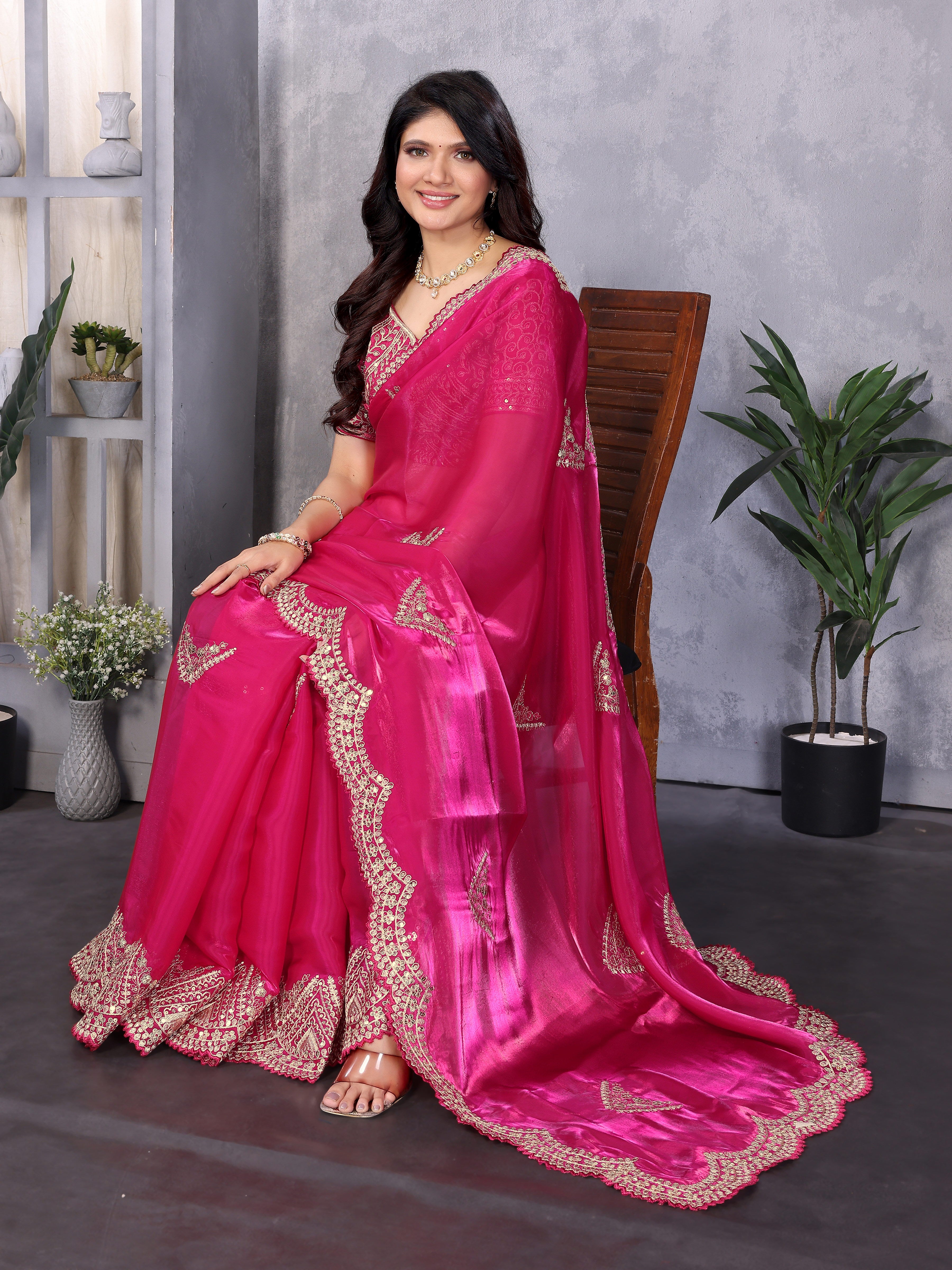 Shimmer Chiffon Embroidered Party Wear Saree - Rani Pink full saree hero