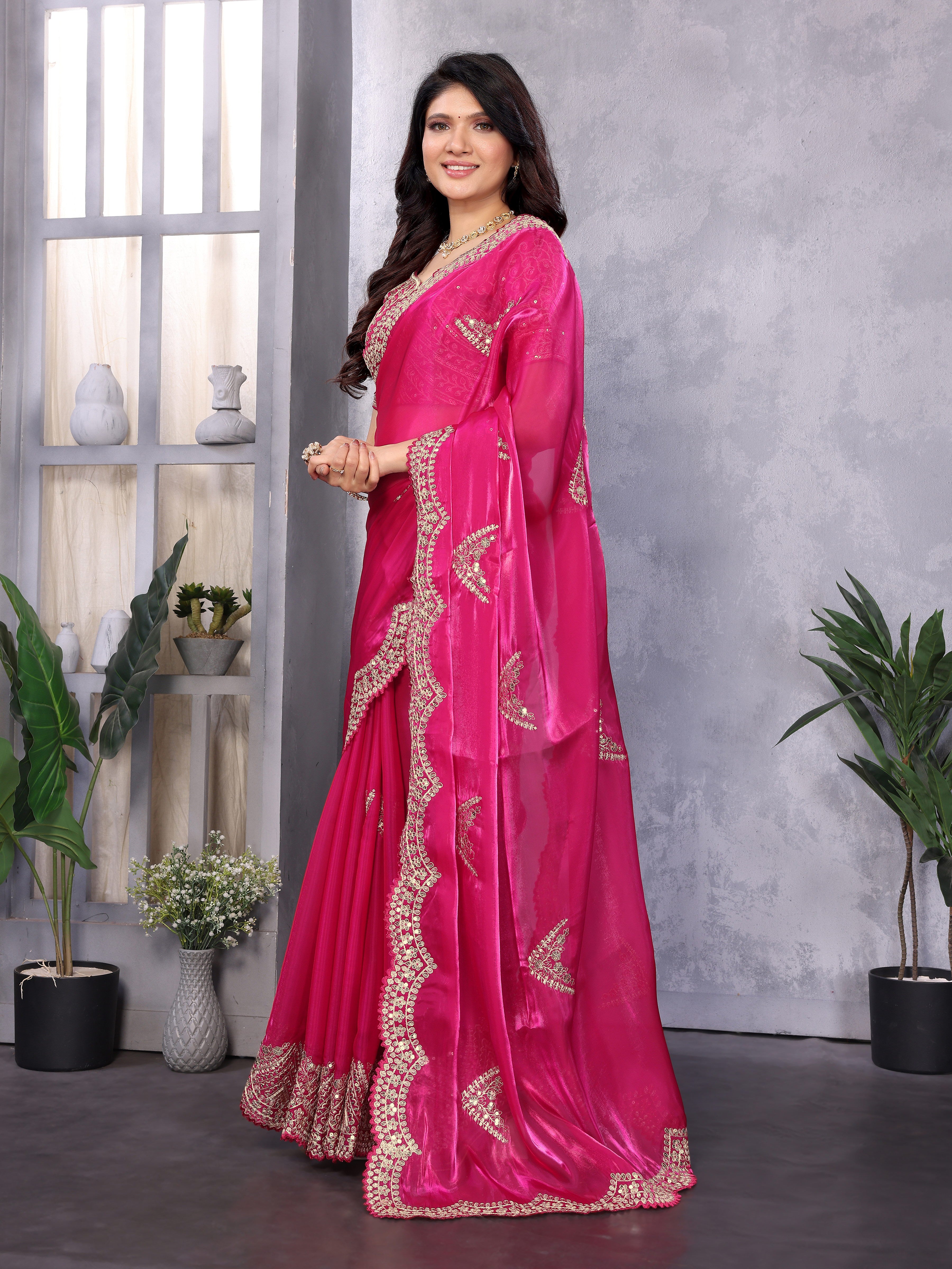 Shimmer Chiffon Embroidered Party Wear Saree - Rani Pink image 5