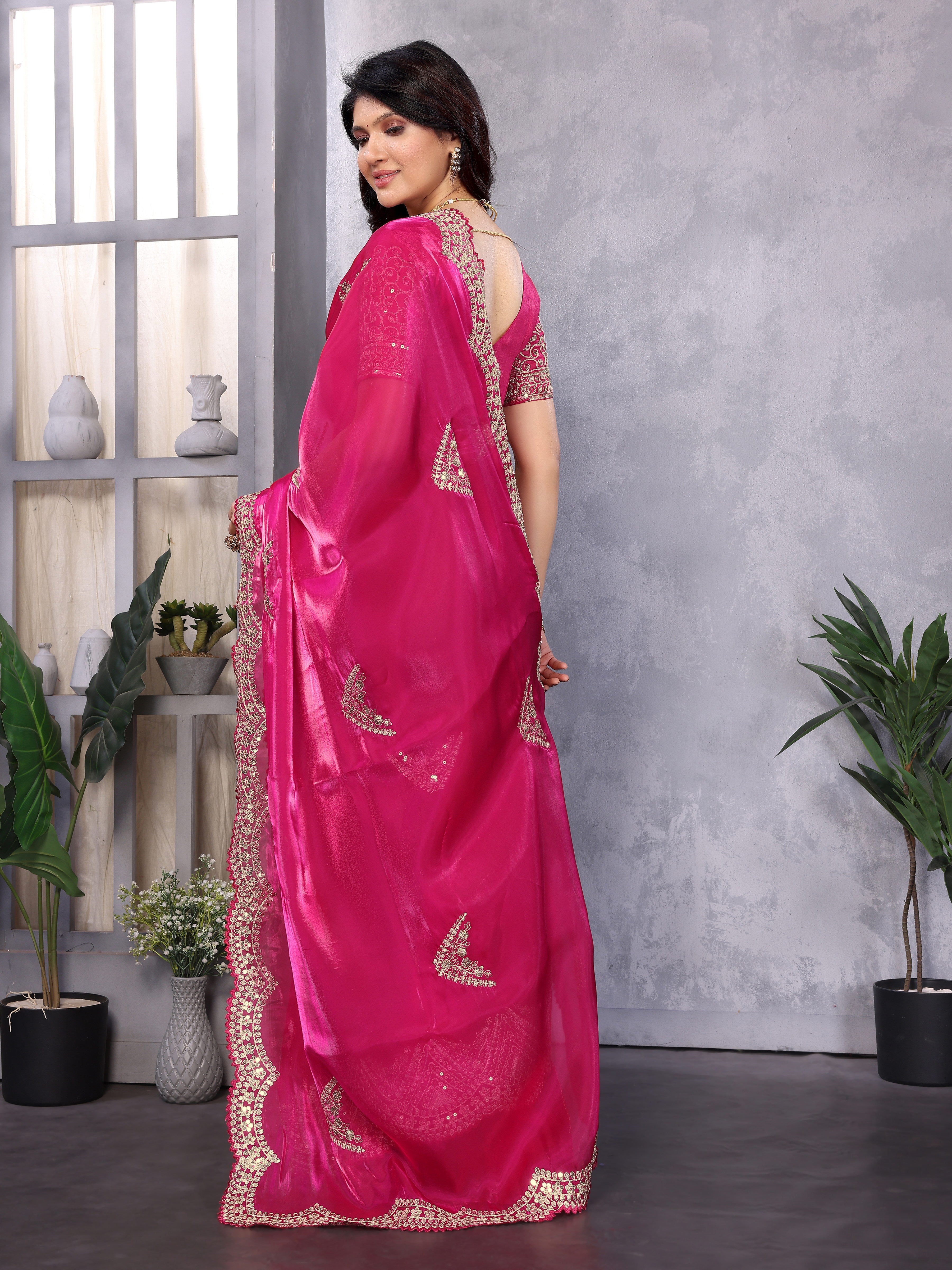 Shimmer Chiffon Embroidered Party Wear Saree - Rani Pink image 6