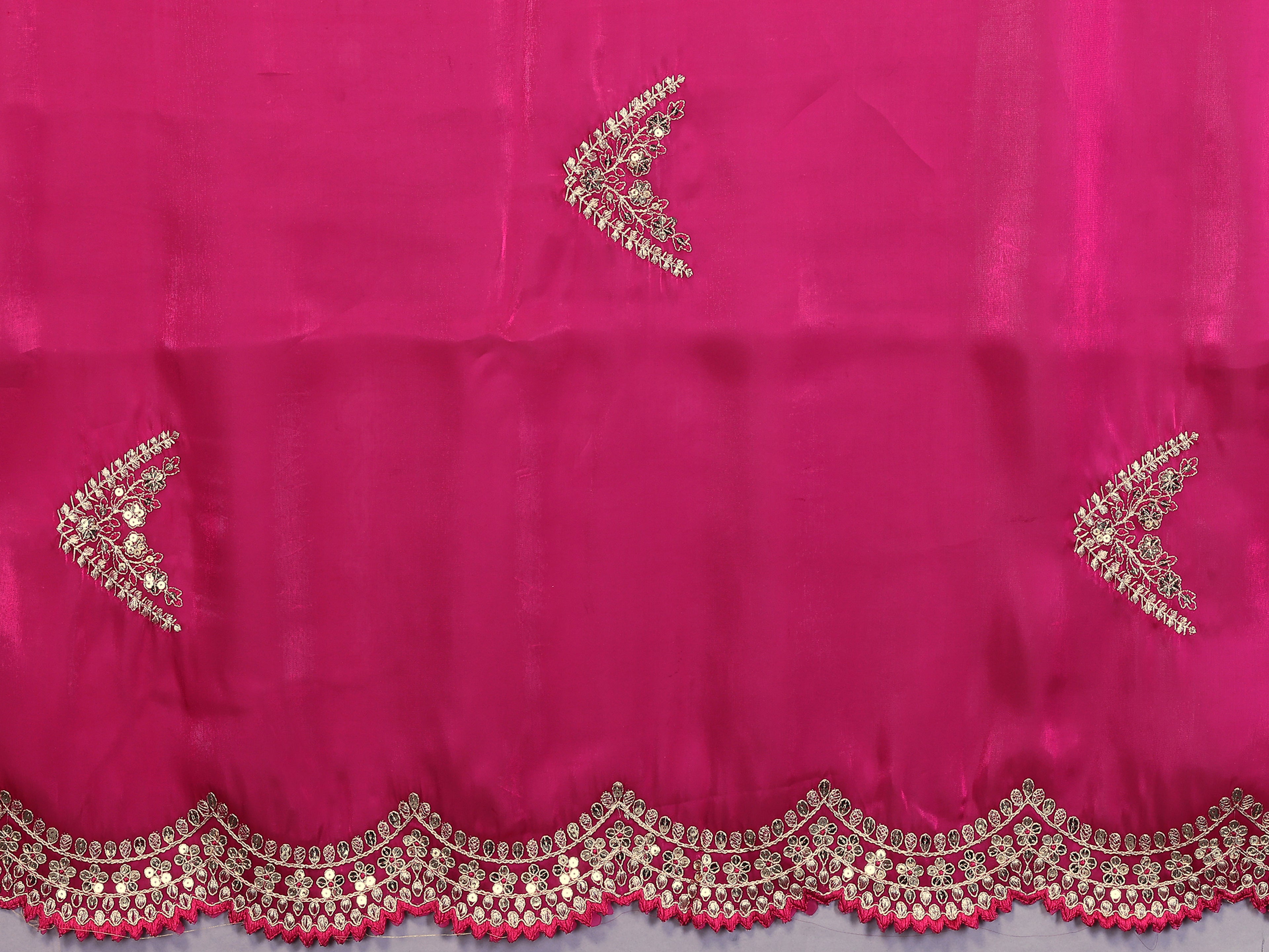 Shimmer Chiffon Embroidered Party Wear Saree - Rani Pink fabric and embroidery detail