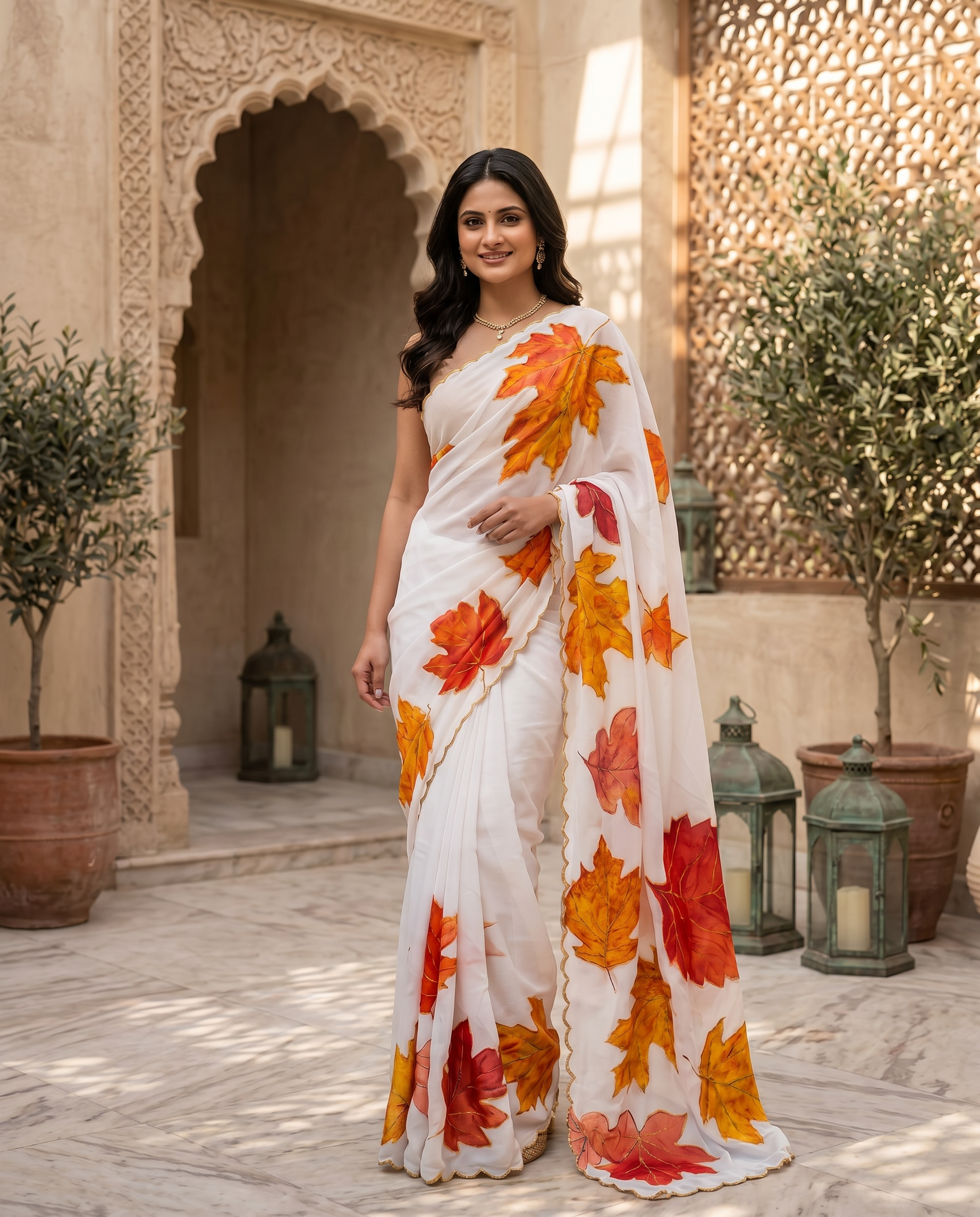 Soft Tabi Silk Ivory Saree with Autumn Leaf Print & Mustard Blouse - output 0 - 02 hero