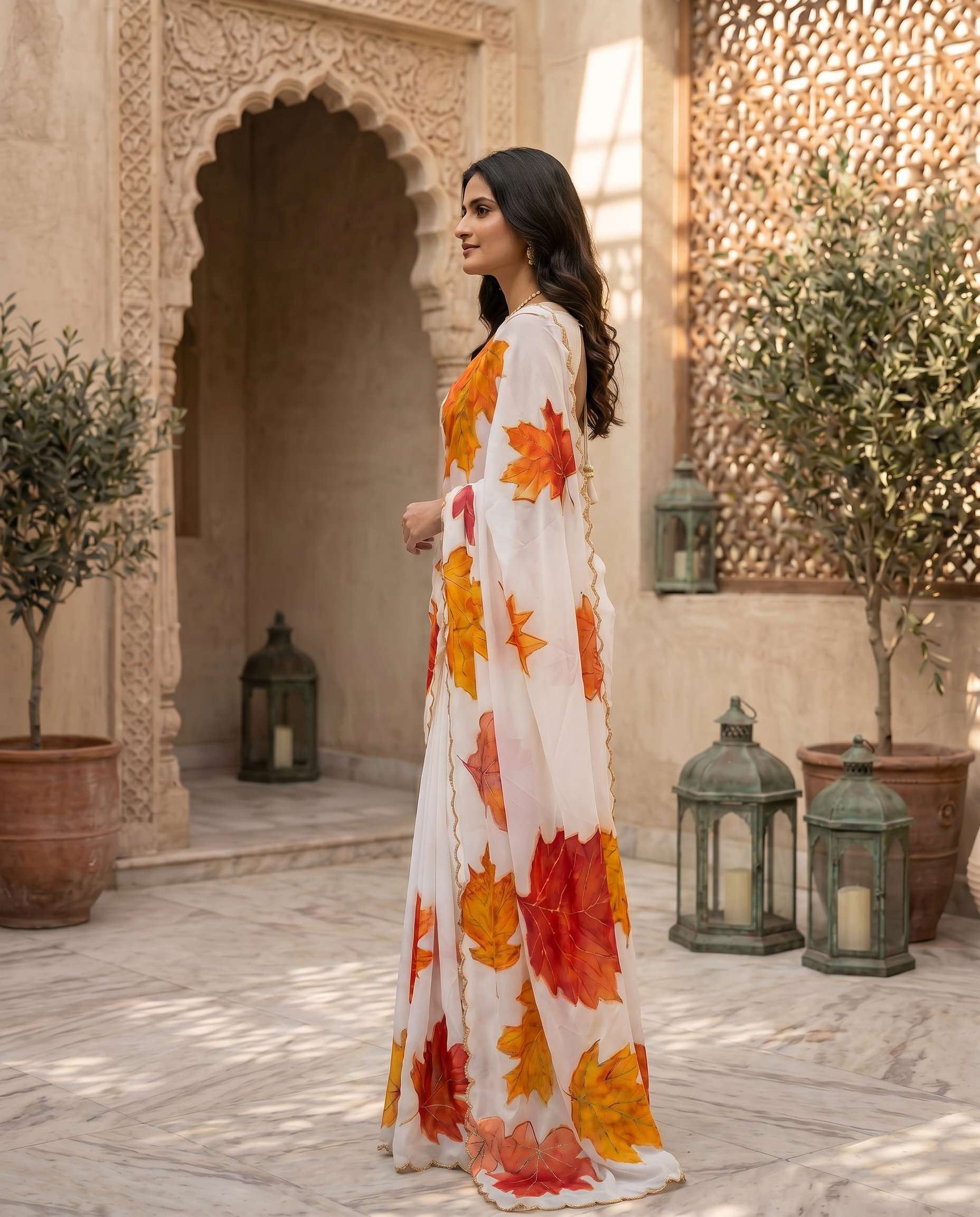 Soft Tabi Silk Ivory Saree with Autumn Leaf Print & Mustard Blouse - output 0 - 03 side
