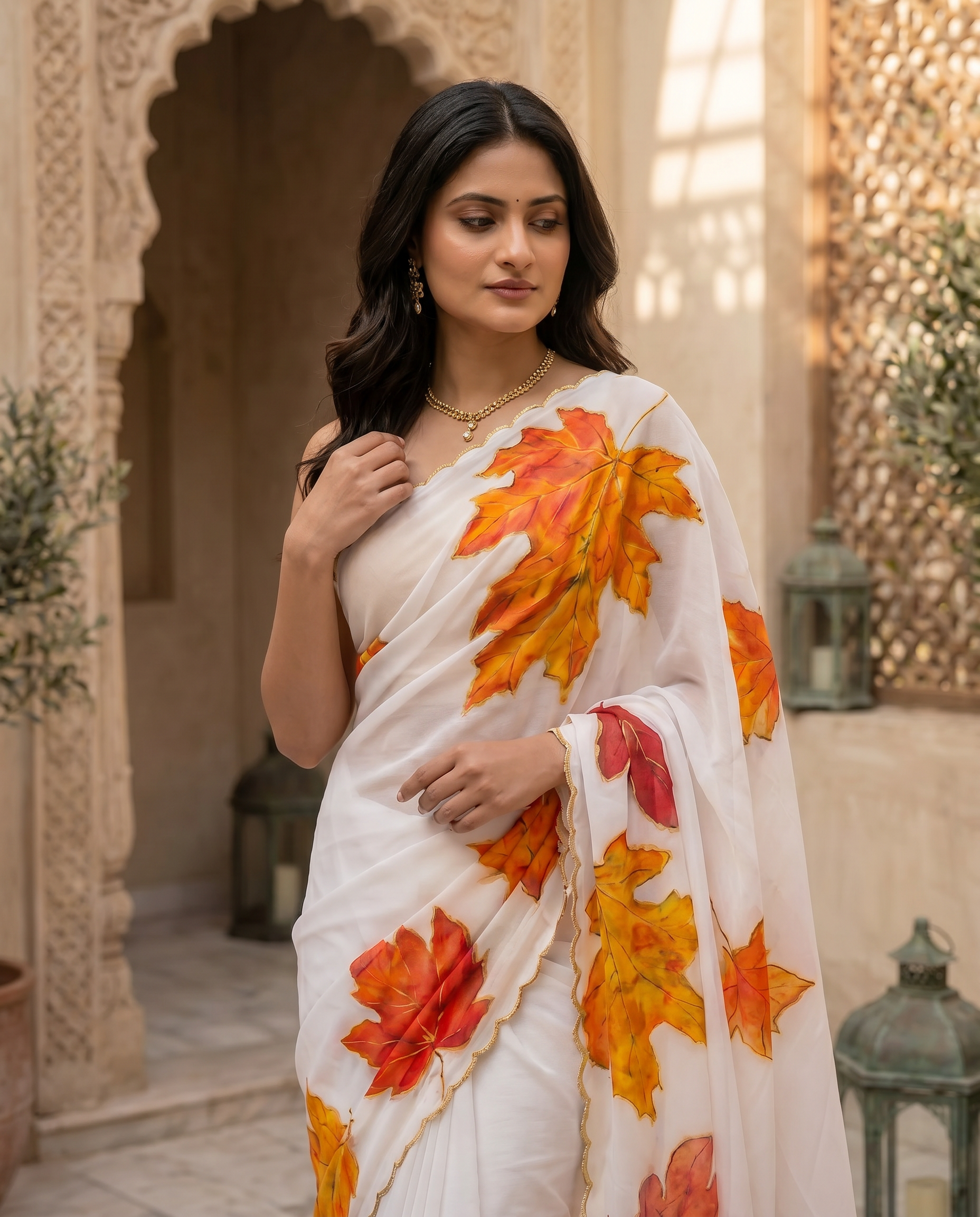 Soft Tabi Silk Ivory Saree with Autumn Leaf Print & Mustard Blouse - output 0 - 04 upper closeup