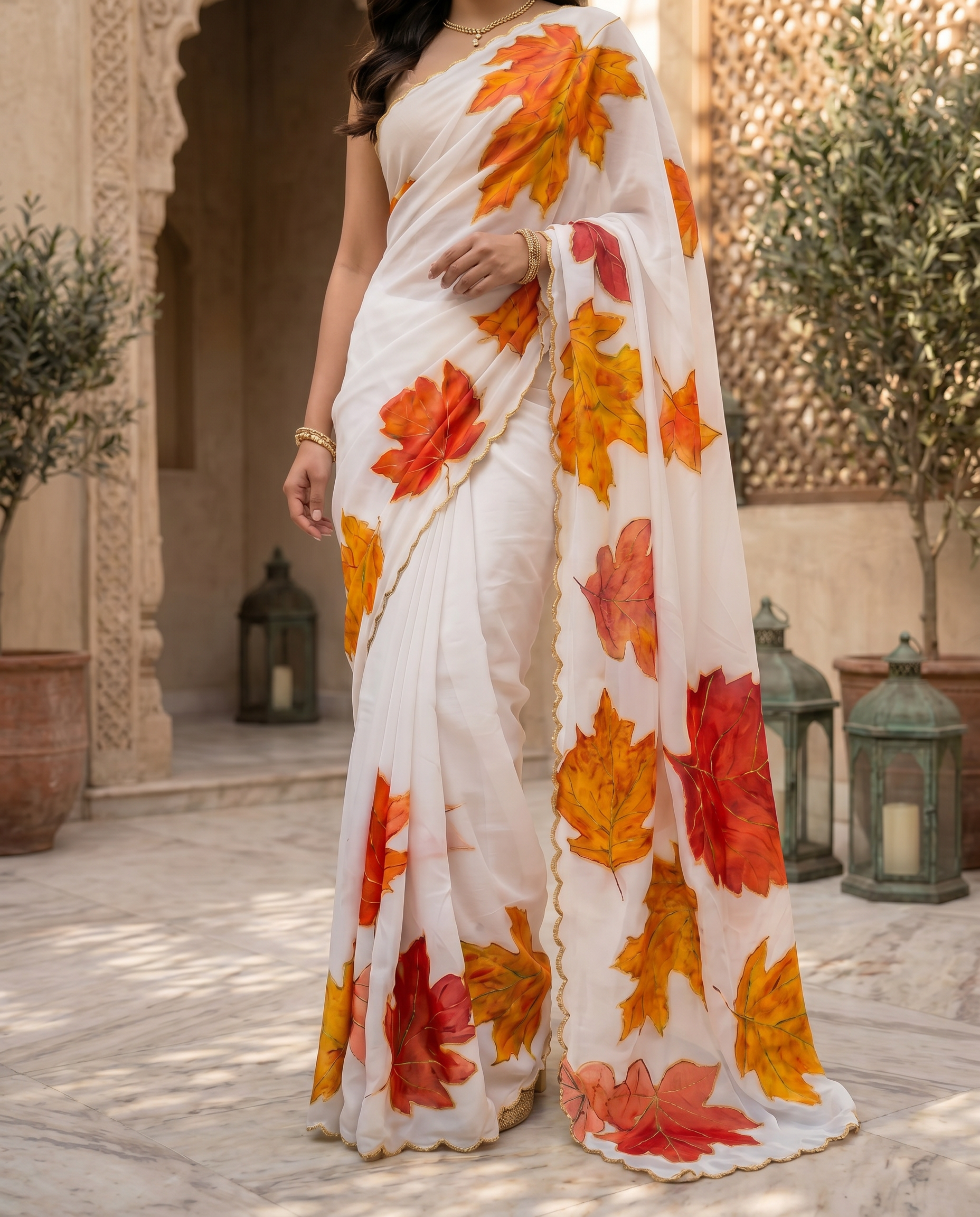 Soft Tabi Silk Ivory Saree with Autumn Leaf Print & Mustard Blouse - output 0 - 05 lower closeup