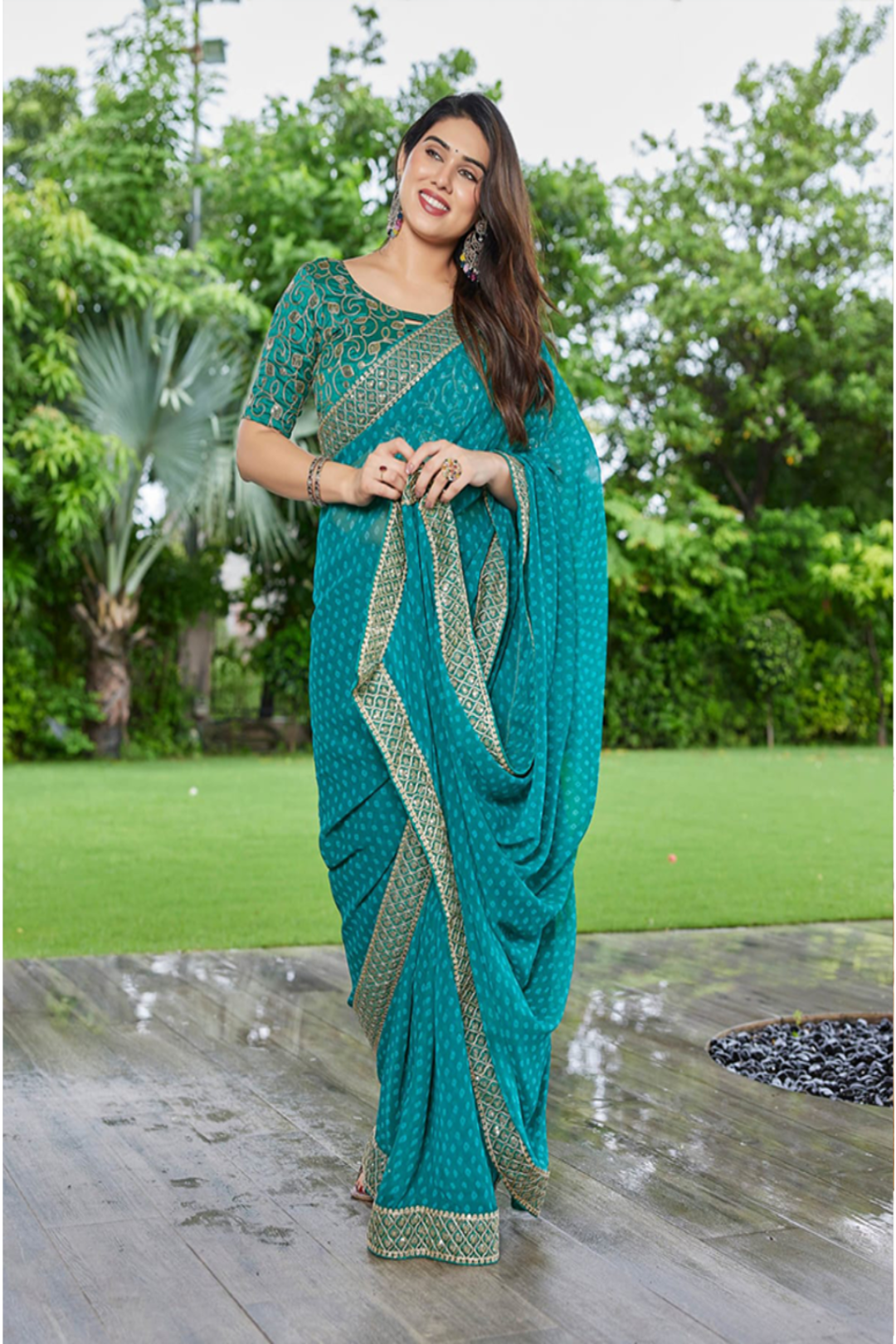 Elegant Teal Green Georgette Saree with Designer Border – Party Wear Traditional Saree for Women