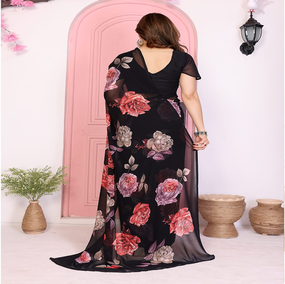 Elegant Black Floral Printed Chiffon Saree with Flower Design – Stylish Party & Casual Wear