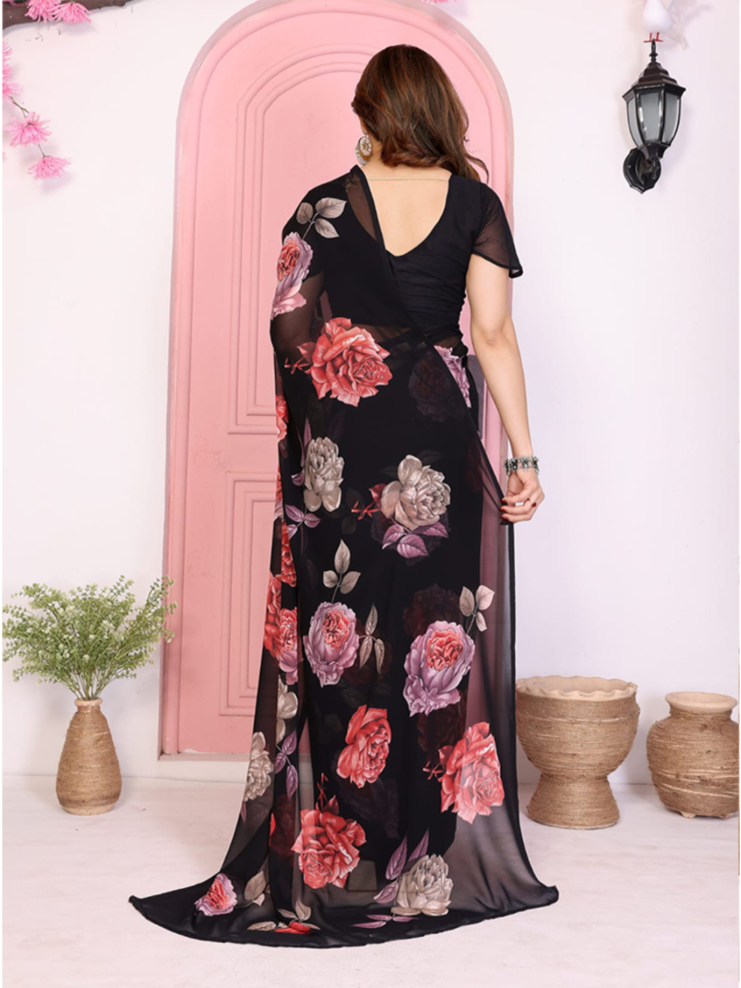 Elegant Black Floral Printed Chiffon Saree with Flower Design – Stylish Party & Casual Wear