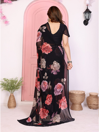Elegant Black Floral Printed Chiffon Saree with Flower Design – Stylish Party & Casual Wear