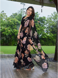 Elegant Black Floral Printed Georgette Saree with Designer Border – Party Wear & Casual Wear