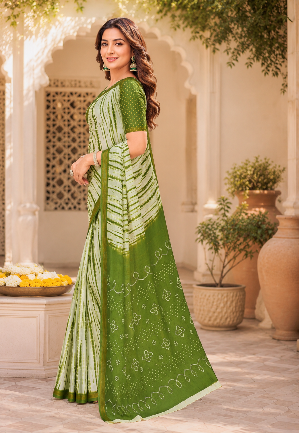 Striped Linen Digital Printed Party Wear Saree - Green image 2