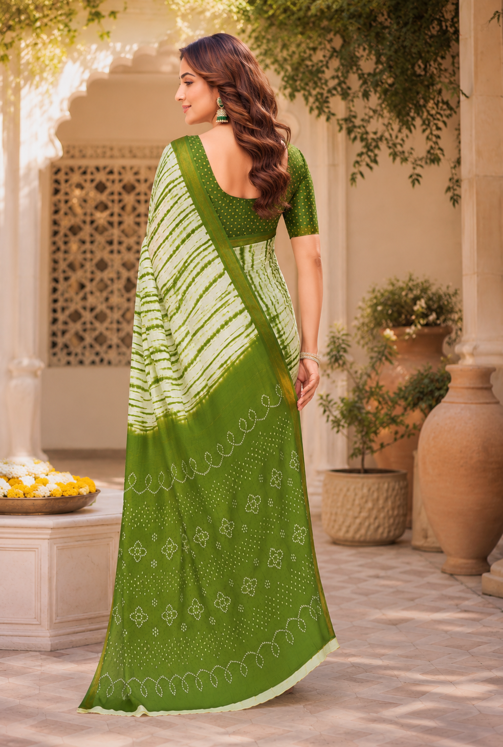 Striped Linen Digital Printed Party Wear Saree - Green image 3