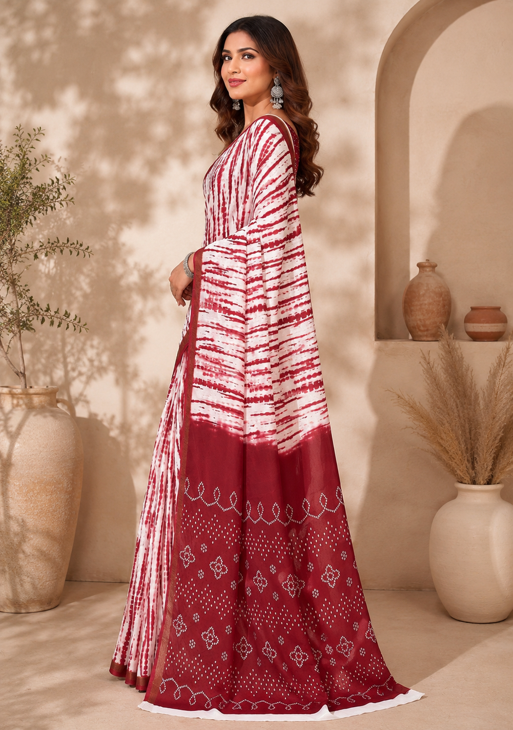 Striped Linen Digital Printed Party Wear Saree - Red image 7