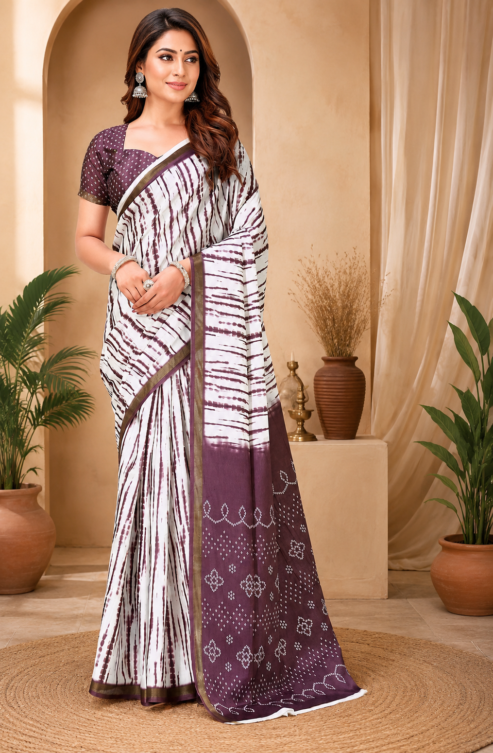 Striped Linen Digital Printed Party Wear Saree - Purple full saree
