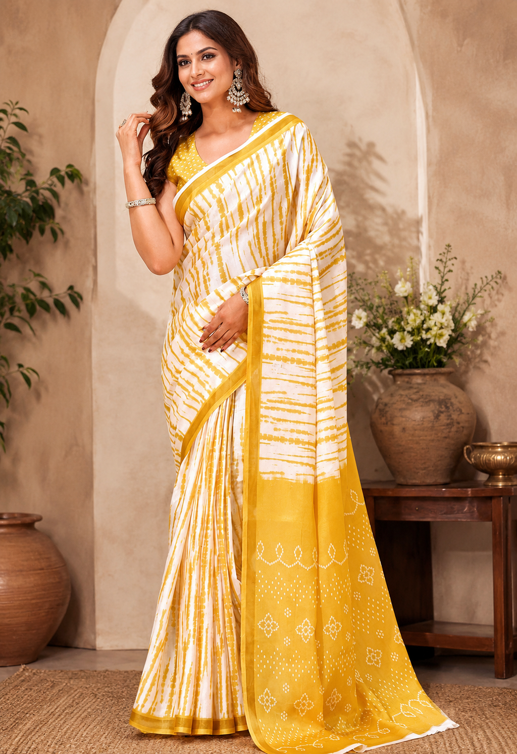 Striped Linen Digital Printed Party Wear Saree - Yellow full saree