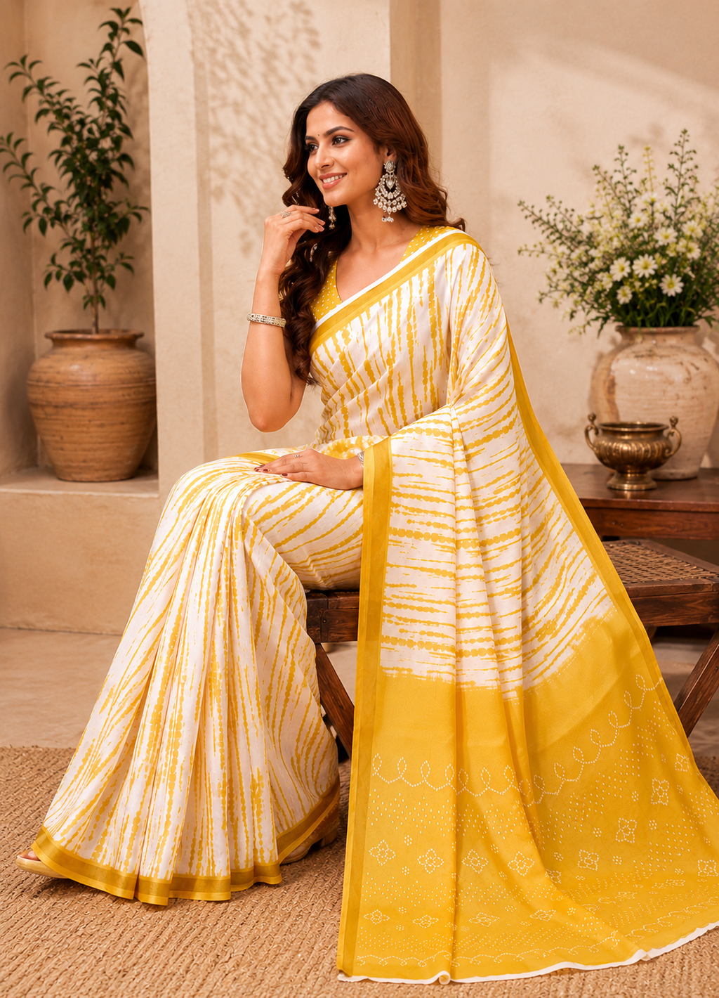 Striped Linen Digital Printed Party Wear Saree - Yellow image 19