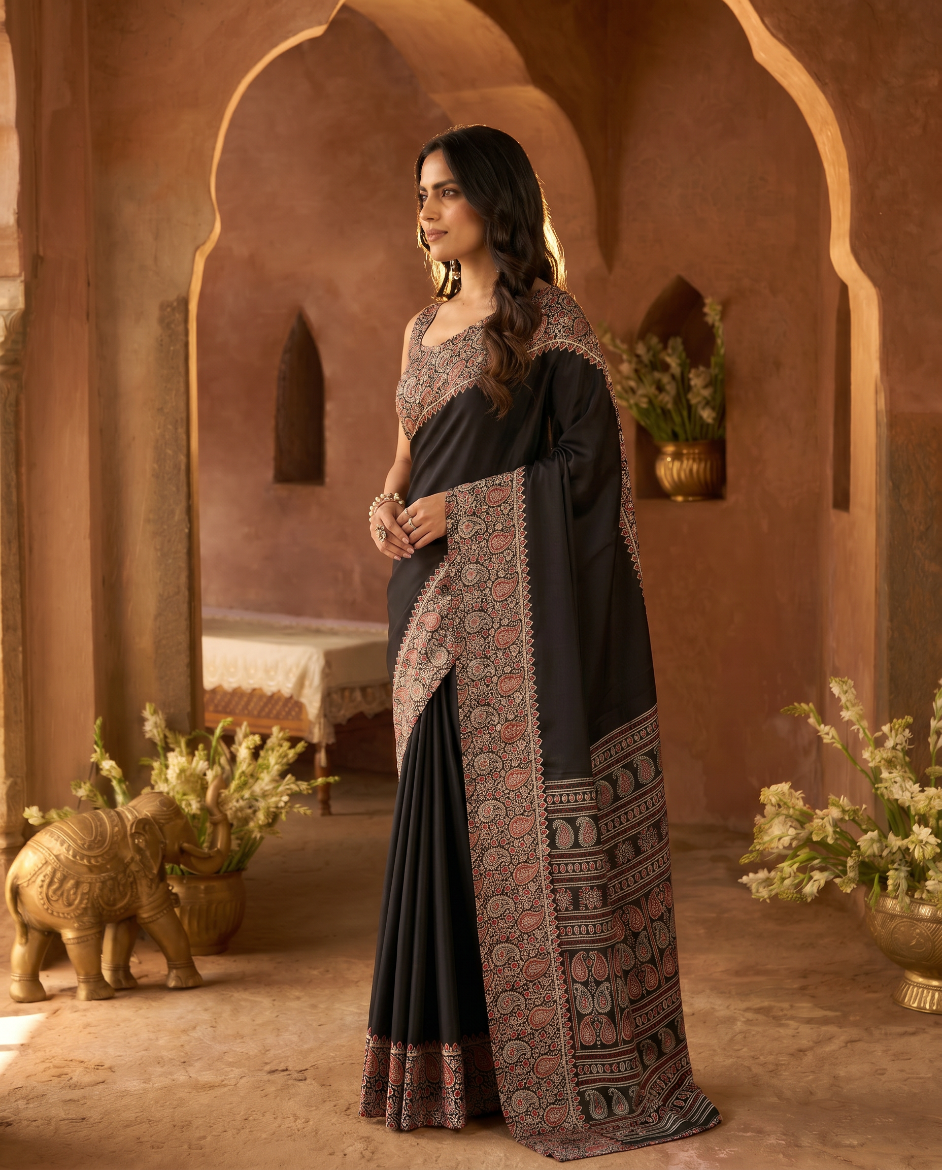 Stylish Black Printed Saree with Ethnic Paisley Border – Elegant Party & Casual Wear - output 0 - 03 side