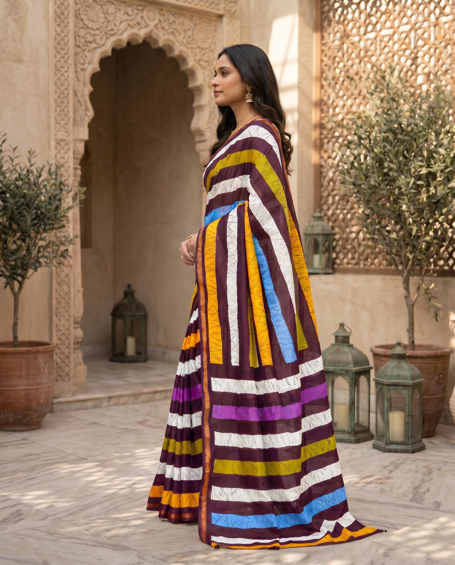 Stylish Multicolor Striped Pure Cotton Saree with Contemporary Design - output 0 - 03 side