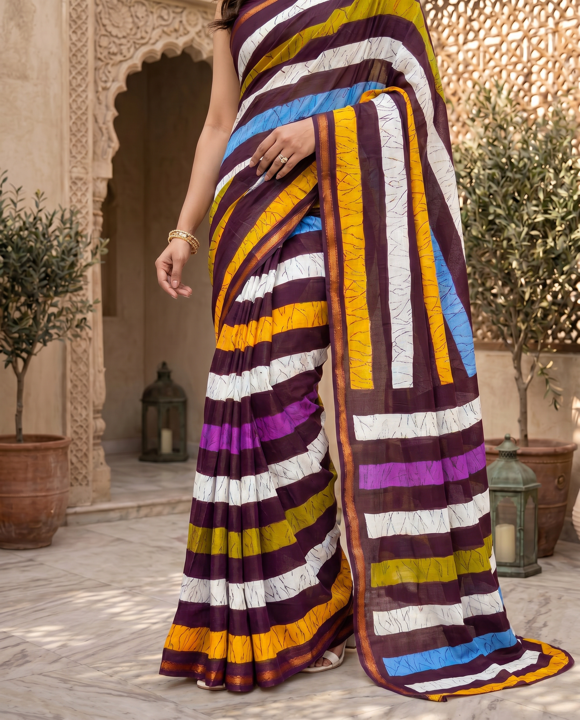Stylish Multicolor Striped Pure Cotton Saree with Contemporary Design - output 0 - 05 lower closeup