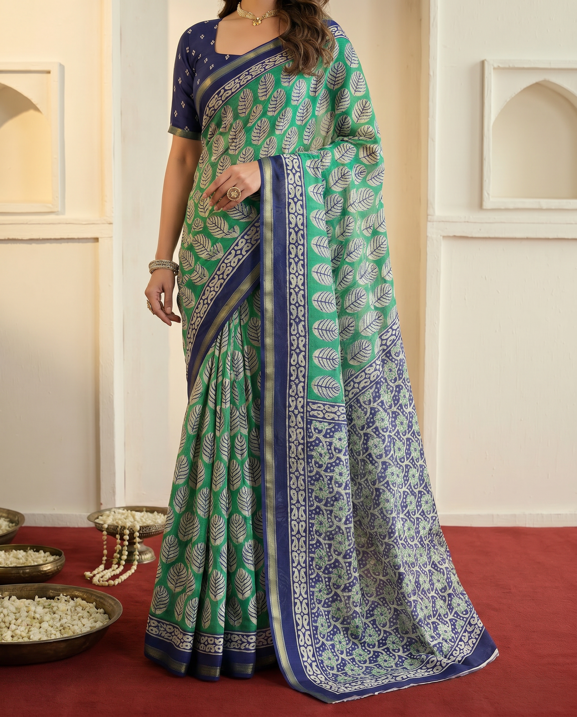 Stylish Orange & Maroon Printed Pure Cotton Saree with Contrast Border - output 0 - 05 lower closeup