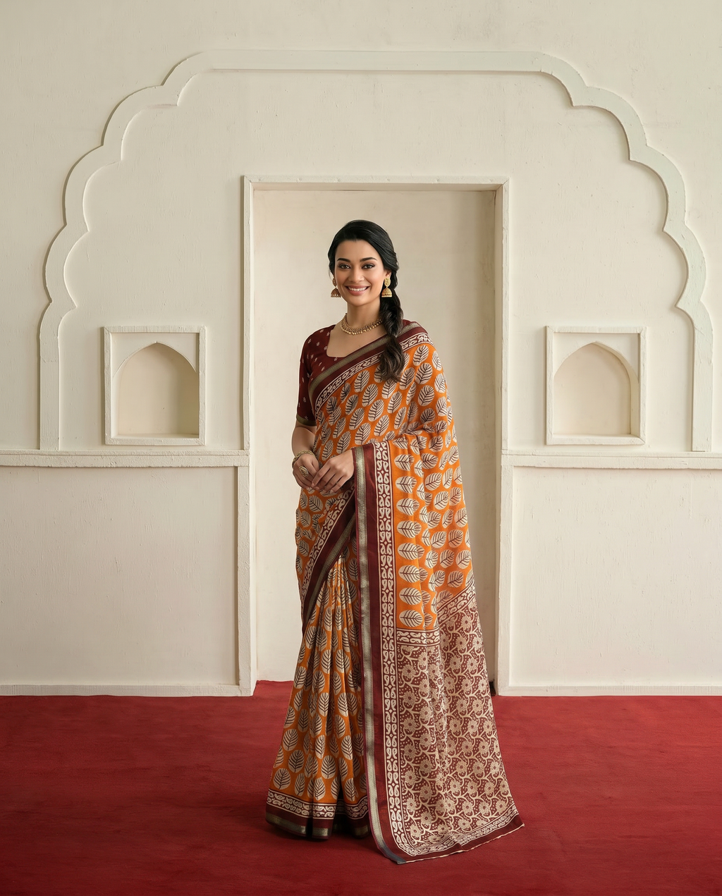 Stylish Orange & Maroon Printed Pure Cotton Saree with Contrast Border - output 1 - 02 hero