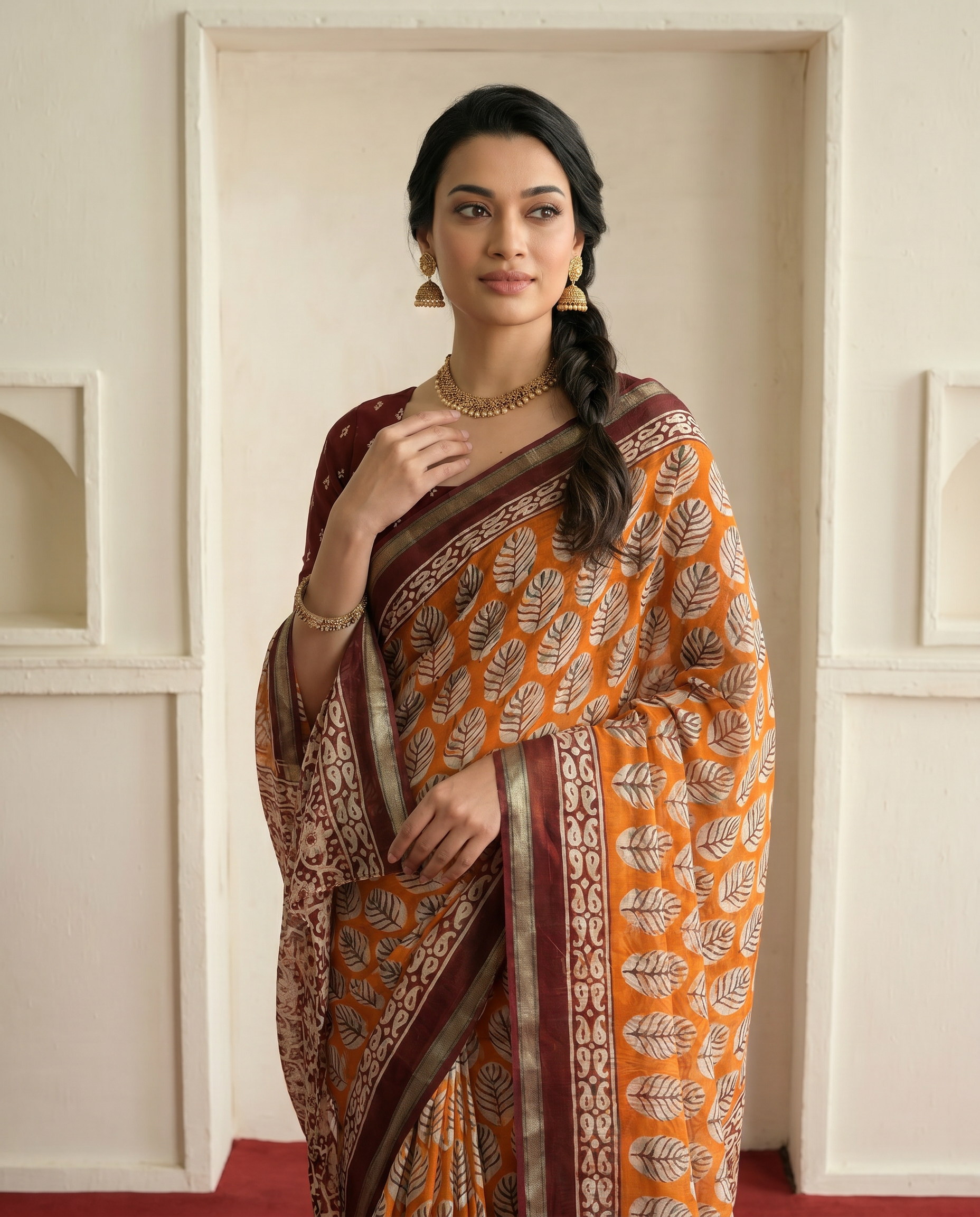 Stylish Orange & Maroon Printed Pure Cotton Saree with Contrast Border - output 1 - 04 upper closeup