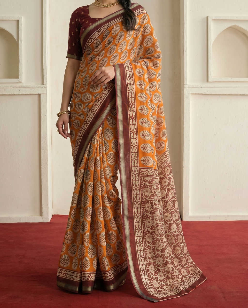 Stylish Orange & Maroon Printed Pure Cotton Saree with Contrast Border - output 1 - 05 lower closeup