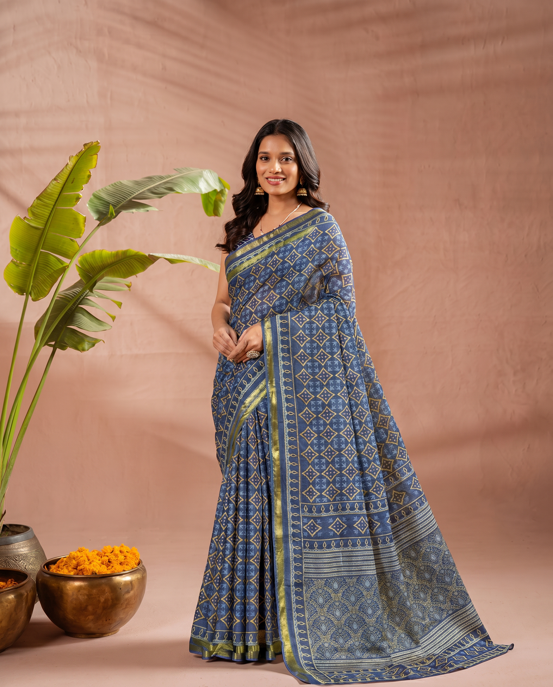 Stylish Pink Geometric Printed Pure Cotton Saree with Golden Border - output 0 - 02 hero