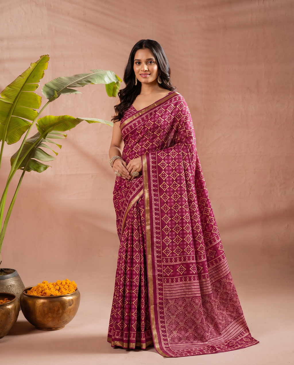 Stylish Pink Geometric Printed Pure Cotton Saree with Golden Border - output 1 - 02 hero