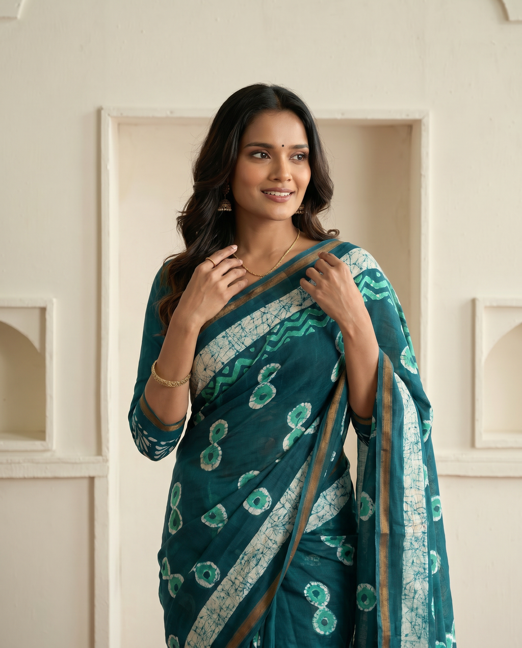 Stylish Rama Printed Pure Cotton Saree with Contemporary Motifs - output 0 - 04 upper closeup