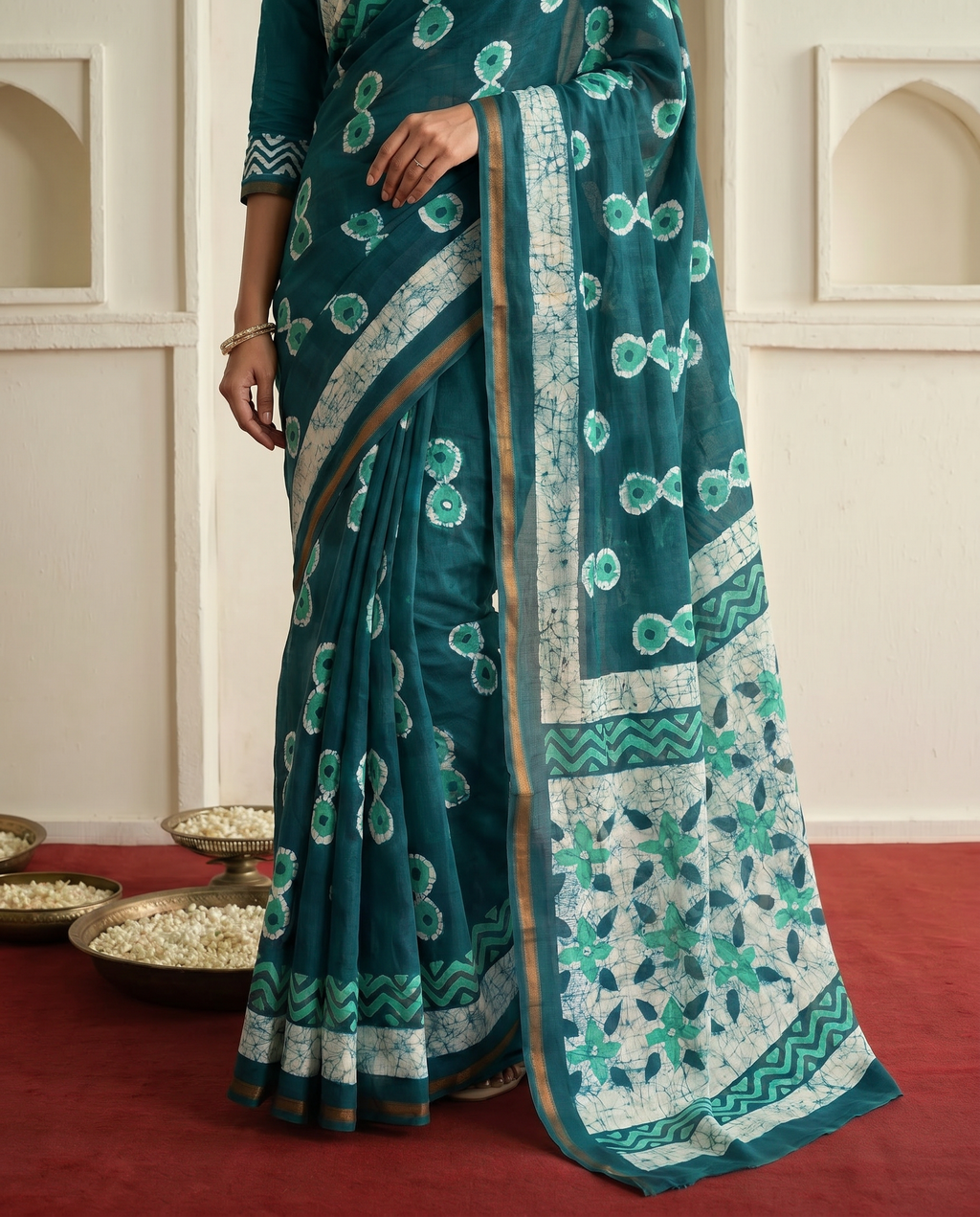 Stylish Rama Printed Pure Cotton Saree with Contemporary Motifs - output 0 - 05 lower closeup