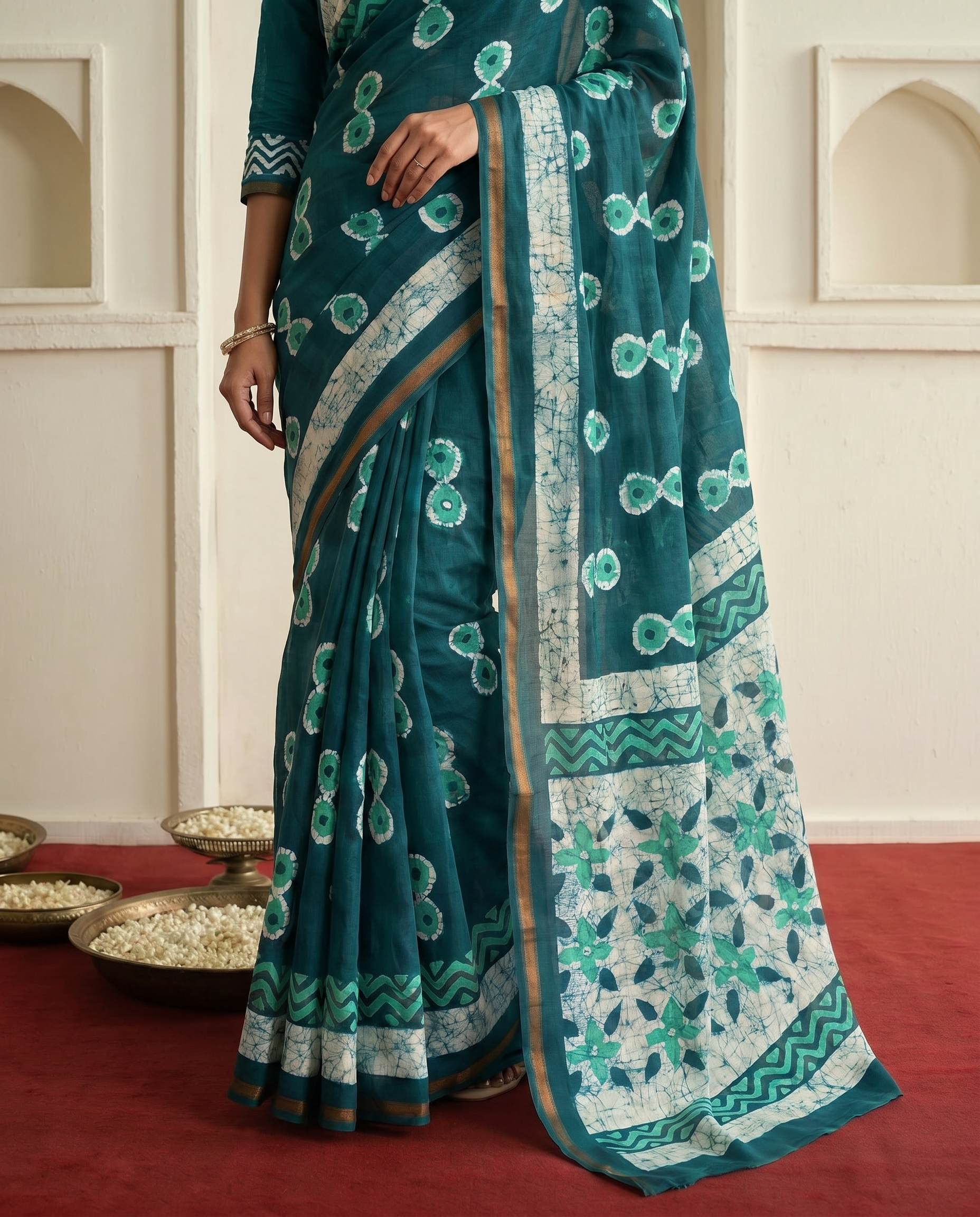 Stylish Rama Printed Pure Cotton Saree with Contemporary Motifs - output 0 - 05 lower closeup