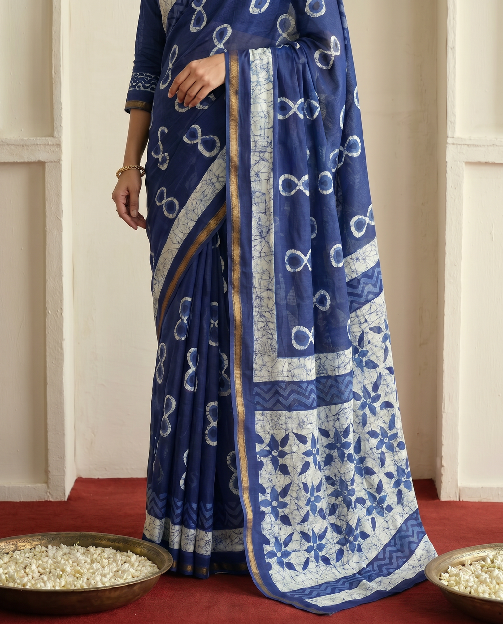 Stylish Rama Printed Pure Cotton Saree with Contemporary Motifs - output 1 - 05 lower closeup